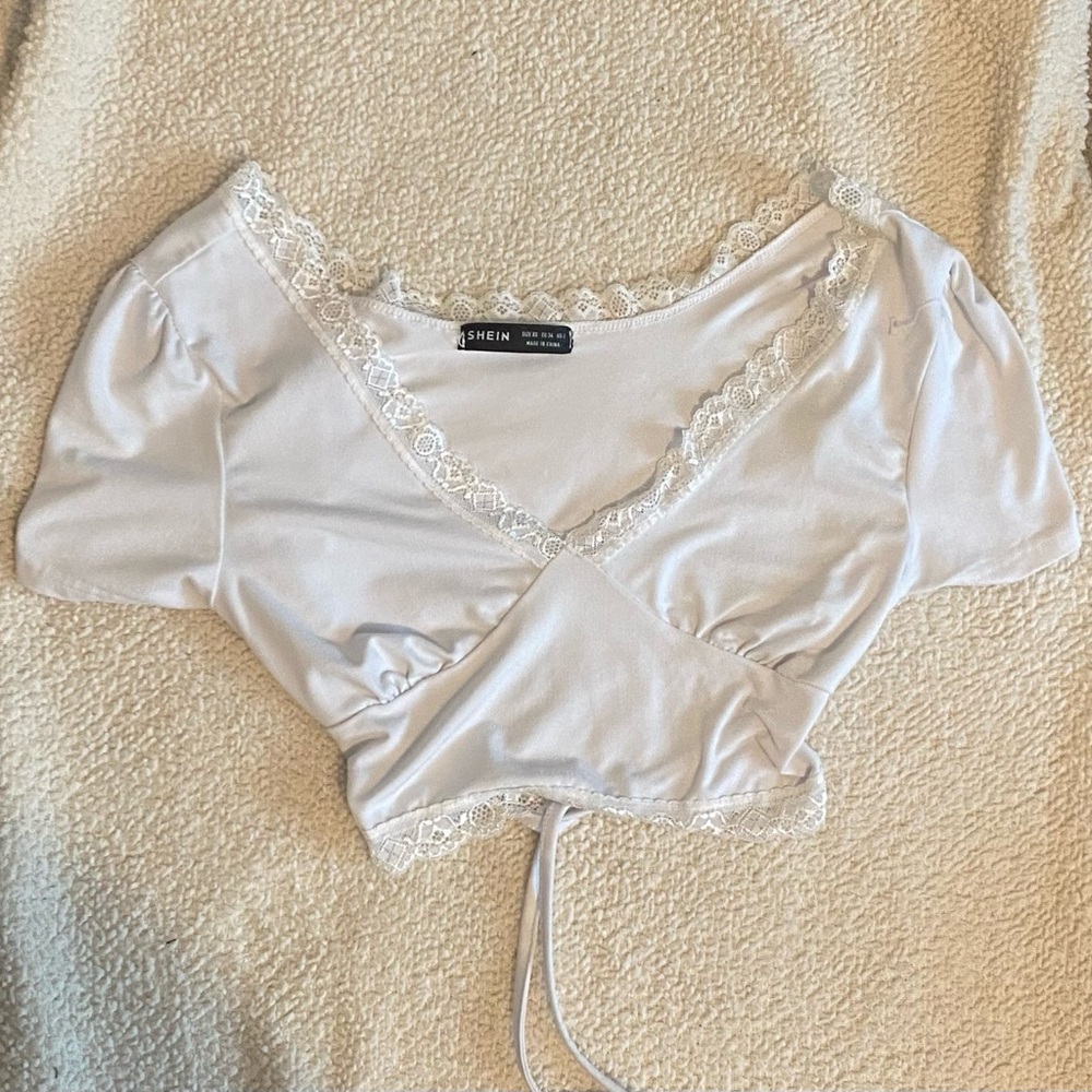 White, half back with strings, cropped t-shirt